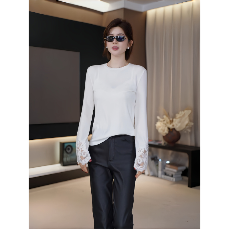Ah Double Asfo【Little Lace】Lyocell Merino Wool Hand-Crocheted Lace Long-Sleeve Base Shirt Top Zz01902