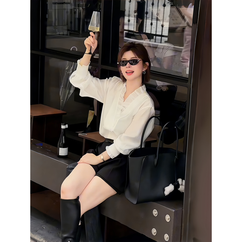 Ah Double Asfo【Qinghe】Modal Acetate Fiber Ruffled Lace V-Neck Elegant Silky Shirt Top Cs02348