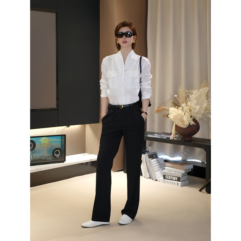 Ah Double Asfo【Straight-Leg Pants】Tailored with a Straight Cut, High Waist, Drapey, Slim-Fitting, Straight-Leg Dress Pants for Women Xxk02566