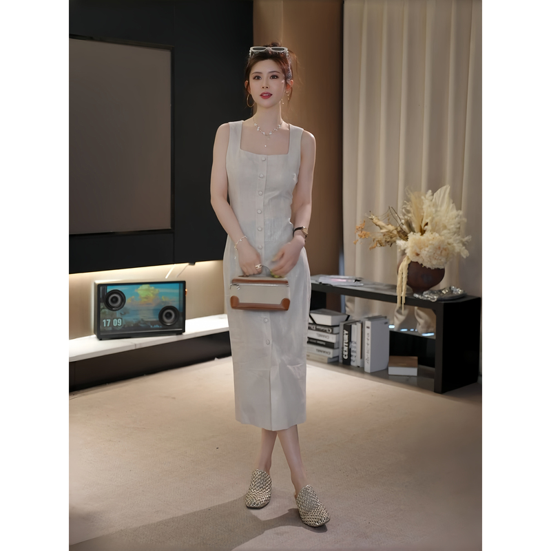 Ah Double Asfo【Golden Years】Ramie Tencel French Long Waist-Cinching Vest Dress for Women Lyq01070