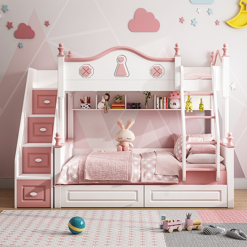 Children's bed up and down bunk bed two floors girl princess bed high and low bed mother bed double solid wood bed with wardrobe