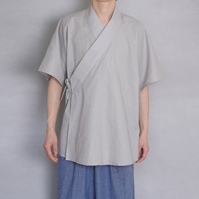 Qingshan-Style Half-Sleeve Short Shirt with Cross-Collar, Made of Cotton and Linen, Plain Color, Traditional Daily Hanfu, Comfortable and Breathable, Made of Ramie Cotton, Short Sleeves