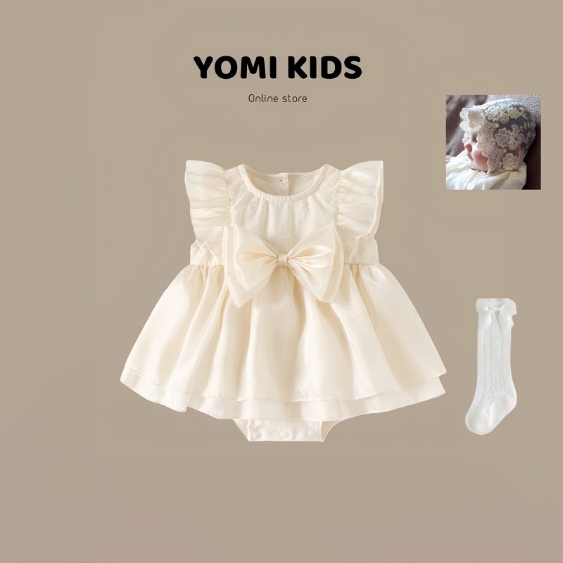 Baby's 100-Day Banquet Princess Dress 2026 New Summer Dress for Baby Girls with Bow, Romper Dress for Full Month and First Birthday Celebration