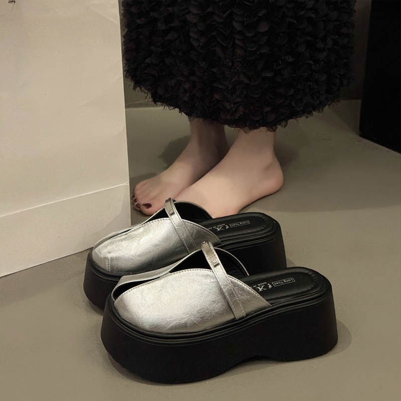 Uncle's Genuine Leather Thick-Soled Height-Increasing Closed-Toe Half-Slipper for Women, Summer 2026 New Model, Suitable for Wearing with Skirts, Roman Sandals