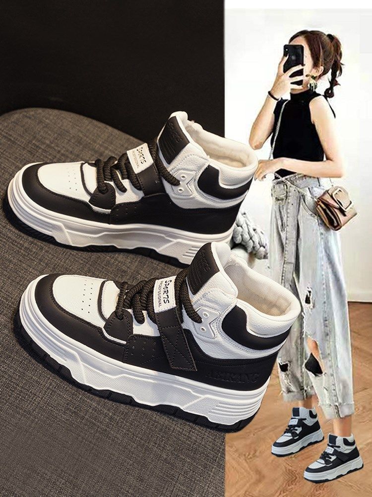 Hong Kong Special Cabinet Thick Bottom High Helps Small White Shoes Woman 2023 Autumn Winter Style Genuine Leather Gush Flat Bottom Casual Sports Cotton Shoes-Taobao
