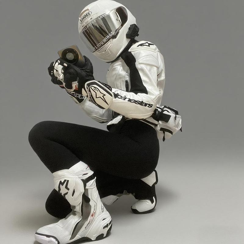 A-Star Gp-4 Women's and Men's Black and White Cycling Leather Jacket with Shoulder, Elbow, and Back Protection, Anti-Fall and Wear-Resistant A-Star Cowhide Leather