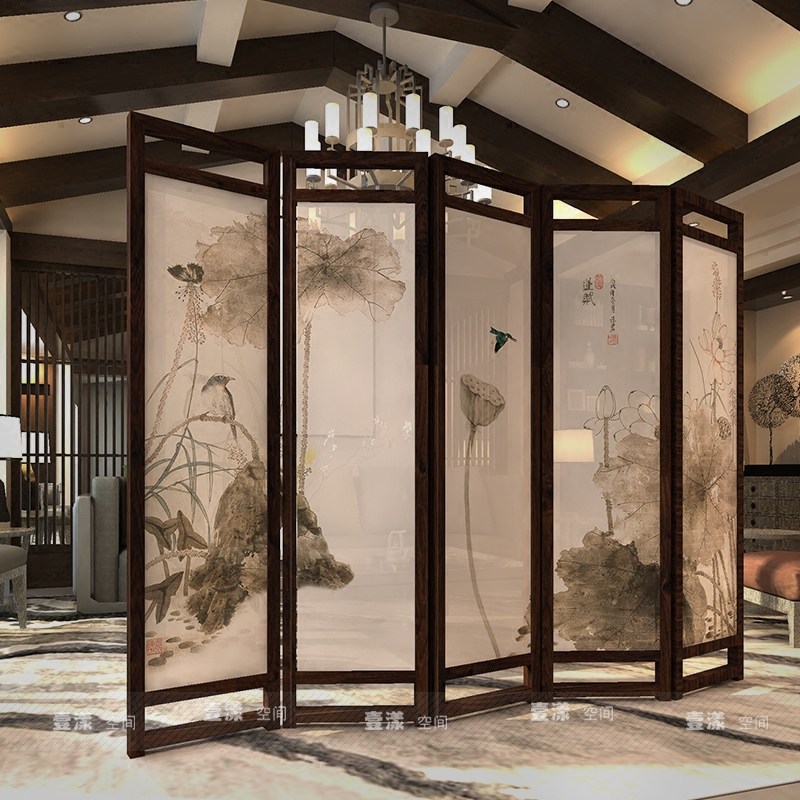 Lotus New Chinese screen partition living room bedroom simple folding porch modern semi-transparent cloth mobile folding screen