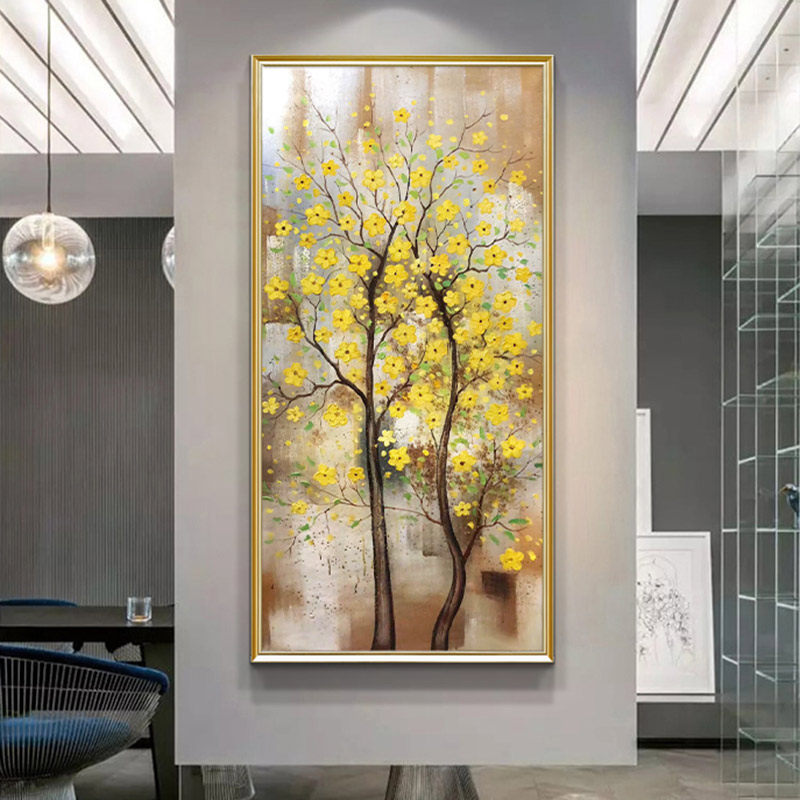 American hand-painted fortune tree Oil painting Hanging painting Light luxury living room entrance decoration painting Vertical version of the aisle corridor entrance mural