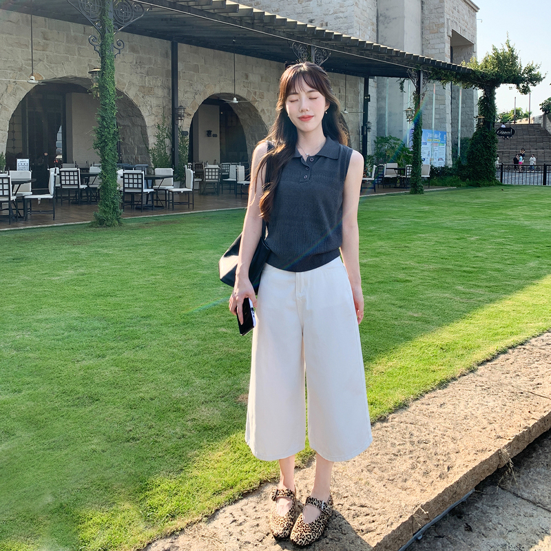 Gaga Petite White Casual Loose High-Waisted Denim Pants for Women, Summer Versatile Cotton Capri Pants