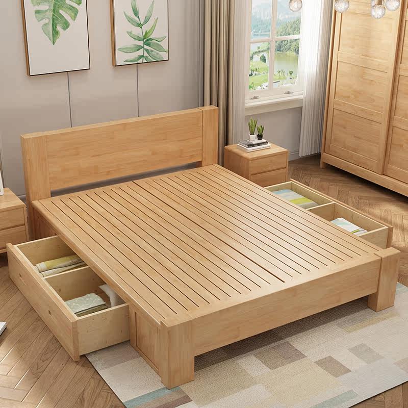 Nordic solid wood bed Modern simple 1 8 meters double bed small apartment 1 5 meters master bedroom high box storage single bed