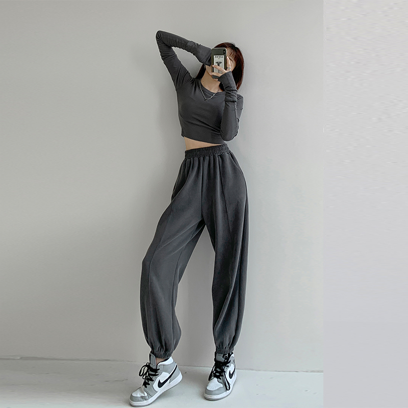 ダークグレーのスポーツパンツレディース2025年秋新作スリムワイドレッグパンツアメリカンスタイルカフスプラスベルベットスウェットパンツ大きいサイズパンツ