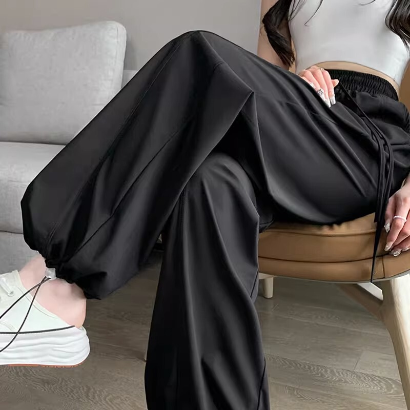 Ice Silk Sports Pants for Women, Summer Thin Style, Plus Size, Drapey, Jogger Style, Loose Fit, Quick-Drying, Sun-Protective Pants, Drawstring Sweatpants, Wide-Leg Pants