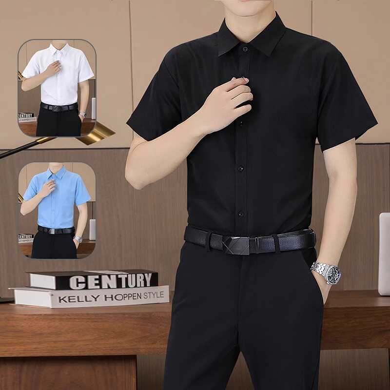 Summer Short-Sleeved Shirt Men's Black Shirt Slim Fit Business Formal Wear Solid Color Long-Sleeved Men's Bar Work White Shirt