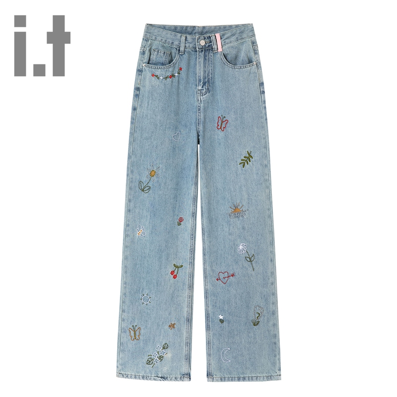 Women's Jeans 2026 Summer Style Embroidered Pastoral High-Waisted Loose Slimming Versatile Wide-Leg Pants K