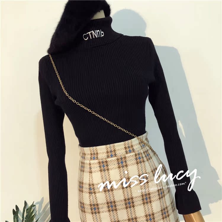 SS nữ mùa thu 2018 phiên bản Hàn Quốc mới của loa kèn bó sát, áo len dài tay cơ sở cao cổ áo thêu mỏng phần đan áo len cao cổ nữ hàn quốc
