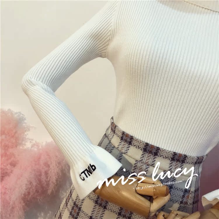SS nữ mùa thu 2018 phiên bản Hàn Quốc mới của loa kèn bó sát, áo len dài tay cơ sở cao cổ áo thêu mỏng phần đan áo len cao cổ nữ hàn quốc