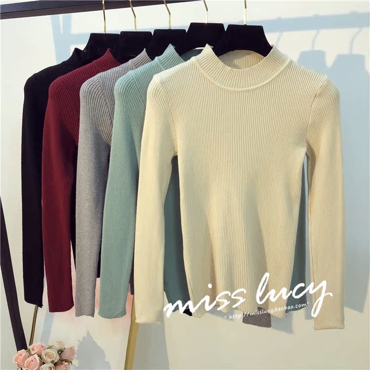 Áo sơ mi nữ mùa thu ZZ 2018 phiên bản Hàn Quốc mới của chiếc áo len dài tay hoang dã nửa cao cổ áo len cổ lọ ngắn chạm đáy áo len áo phông nữ