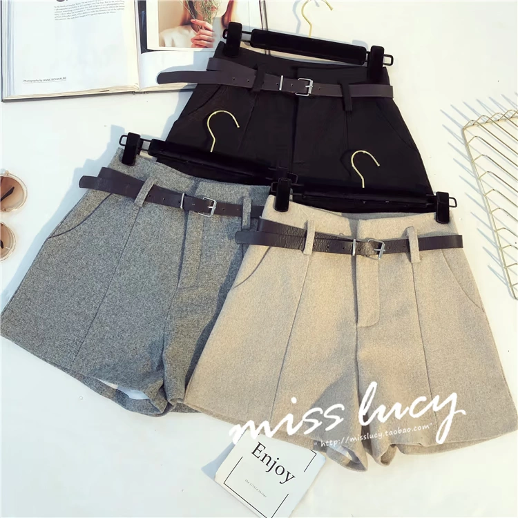 Quần short len ​​EE nữ mùa thu đông 2018 phiên bản Hàn Quốc mới của quần lửng cạp cao hoang dã mặc quần lửng ống rộng thoải mái