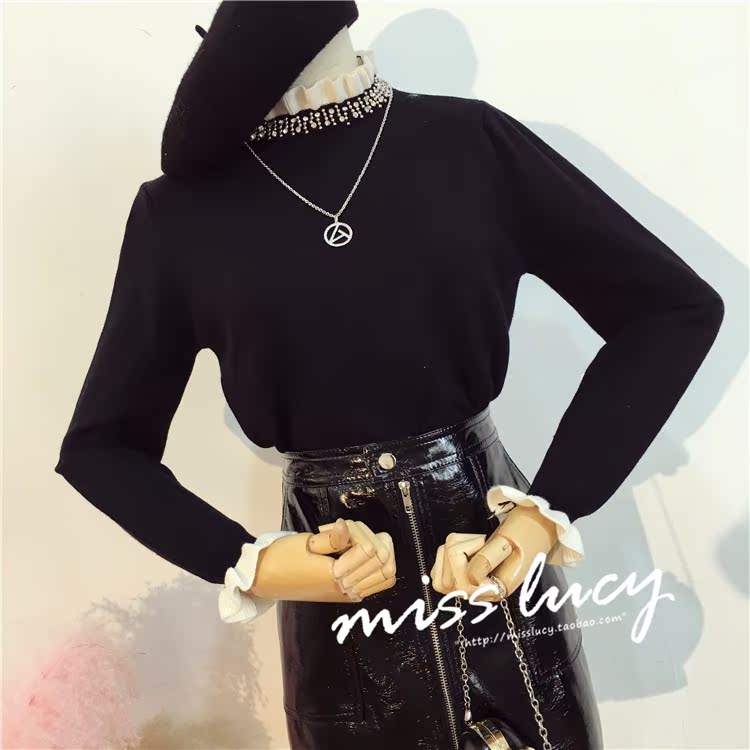 Áo nữ mùa thu phiên bản Hàn Quốc mới của áo len cổ cao nửa cổ rộng đính cườm áo len bằng gỗ tai dài tay lưới màu đỏ chạm đáy áo khoác len mỏng