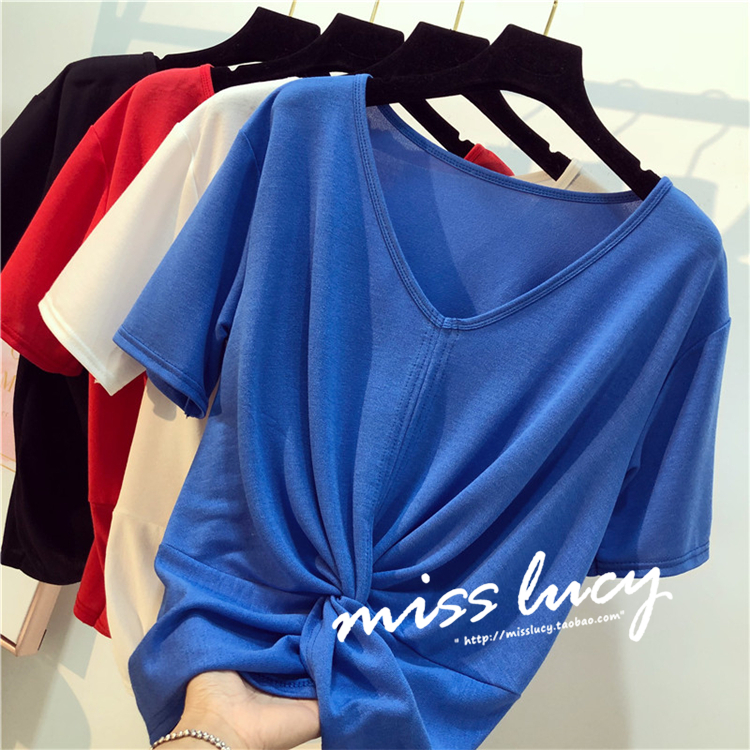 2018 mới dưới phần mỏng ngắn mui xe màu đen lỏng ngắn tay rốn V-Cổ áo len t-shirt top nữ mùa hè áo khoác cardigan