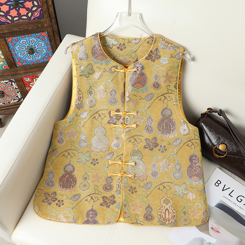 New Chinese-Style Buttoned Round-Neck Vest for Women, Suitable for Spring and Autumn, Vintage National Style, Gourd Jacquard, Versatile Vest Top