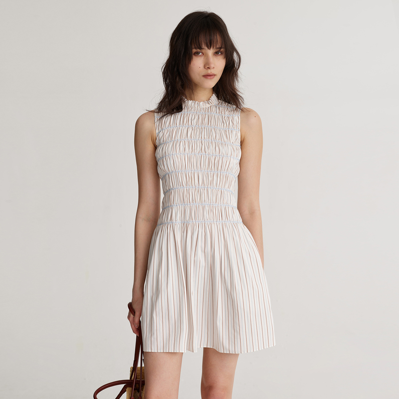 Dozzease Niche Design Sleeveless Pleated Elastic Dress Pure Cotton Striped Long Dress Seaside Vacation Dress Dozzease Niche Design Sleeveless Pleated Elastic Dress Pure Cotton Striped Long Dress Seaside Vacation Dress