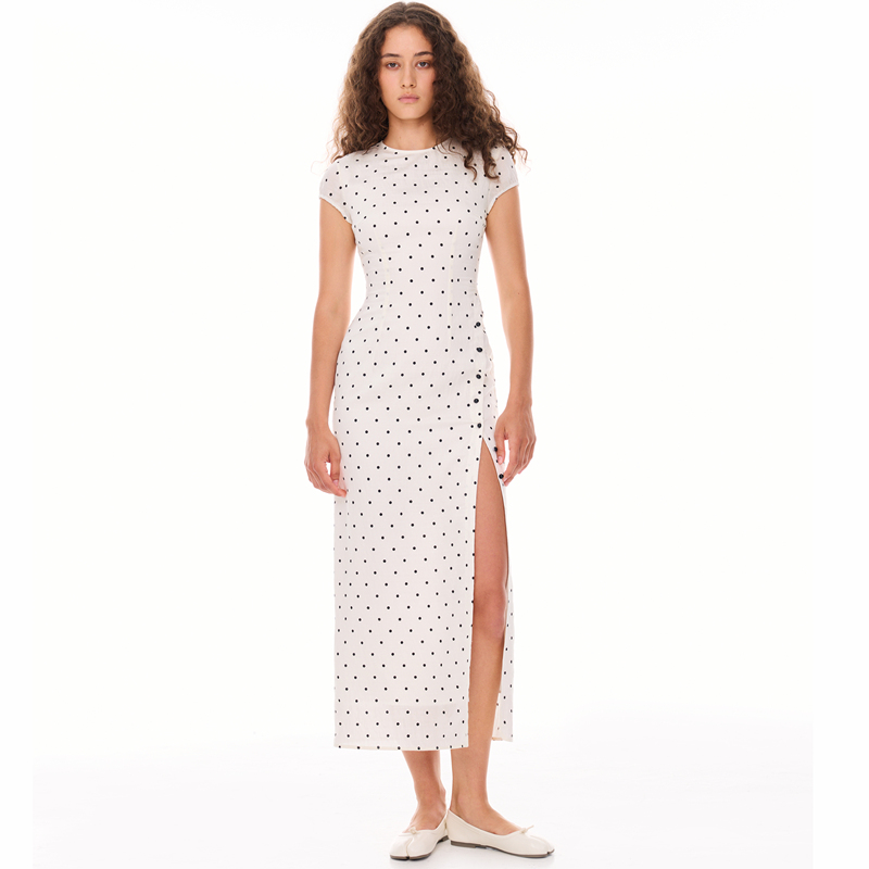 Dozzease Retro Modern Waist-Cinching Polka Dot High-Slit Short-Sleeved Long Cheongsam Dress Tencel Dress Summer Long Dress
