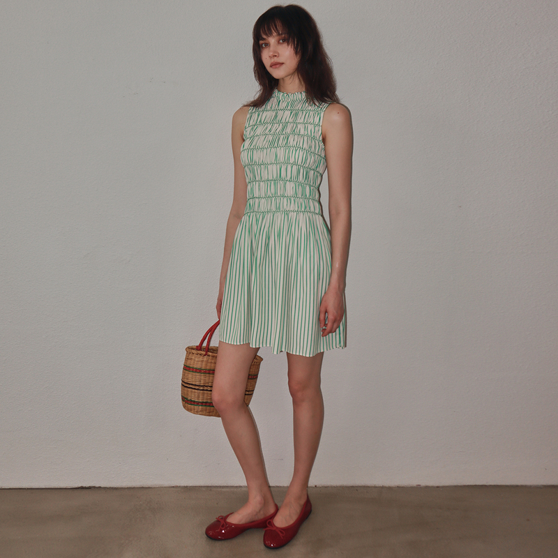 Dozzease Niche Design Sleeveless Pleated Elastic Dress Green Striped Long Dress Seaside Vacation Dress