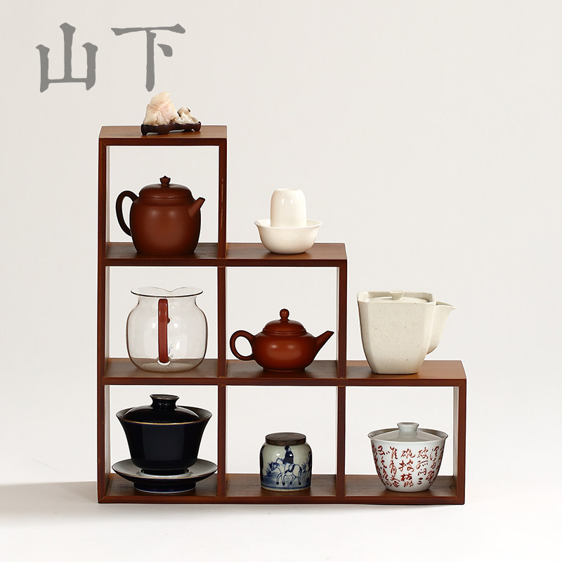Bamboo multi-treasure lattice containing layer frame tea tea teapot boggan shelf Antiquity Man playing teacup shelf Desktop plaid frame