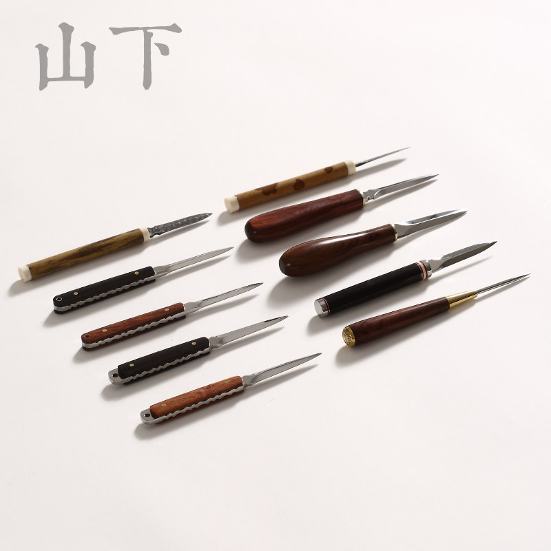 Pu-erh Tea Knife Solid Wood Handle Flowers Branches Black Sandalwood Tea Needle Tea Duct Spare Parts Damascus Tea Knife Stainless Steel Tea Cone