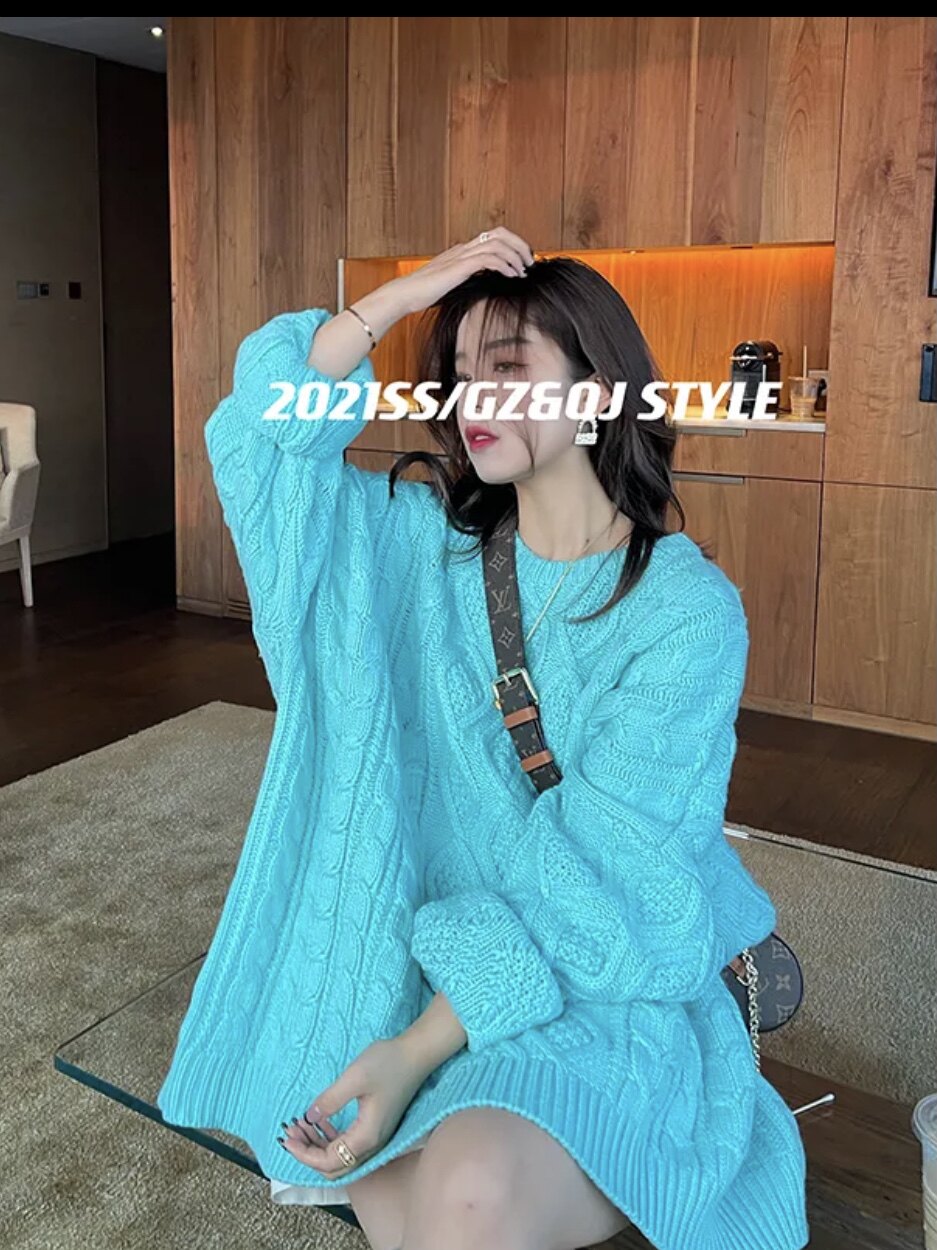 Pure college twist lazy wind large version pullover sweater female Japanese gentle thick needle autumn and winter mid-length knitted sweater