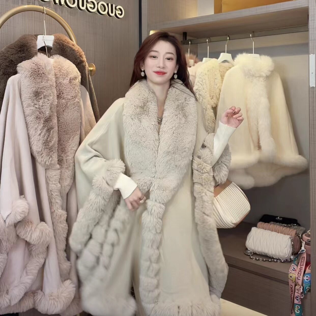European station autumn and winter new fashion European and American fur collar mid-length cape shawl knitted cardigan coat sweater women's trend