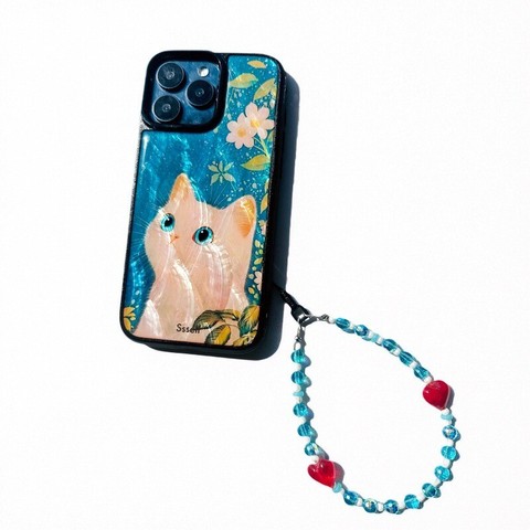 White Cat Blue Floral Pearl Strap iPhone Case