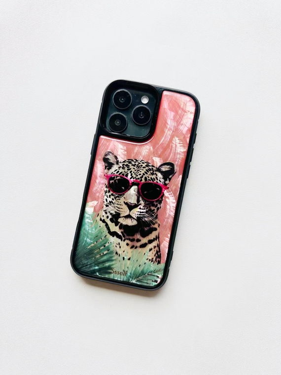 Leopard Pink Sunglasses Green Palm Leaves Cartoon iPhone Case