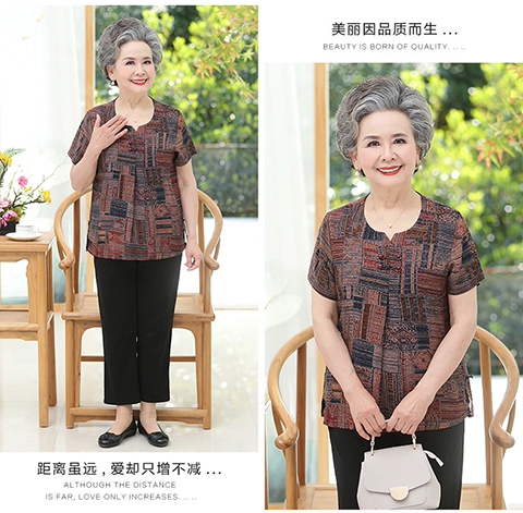 Áo phông cho phụ nữ trung niên và người già mùa hè Áo bà 60 tuổi 70 tuổi và bà mẹ tay ngắn bằng vải cotton hàng đầu - Quần áo của mẹ