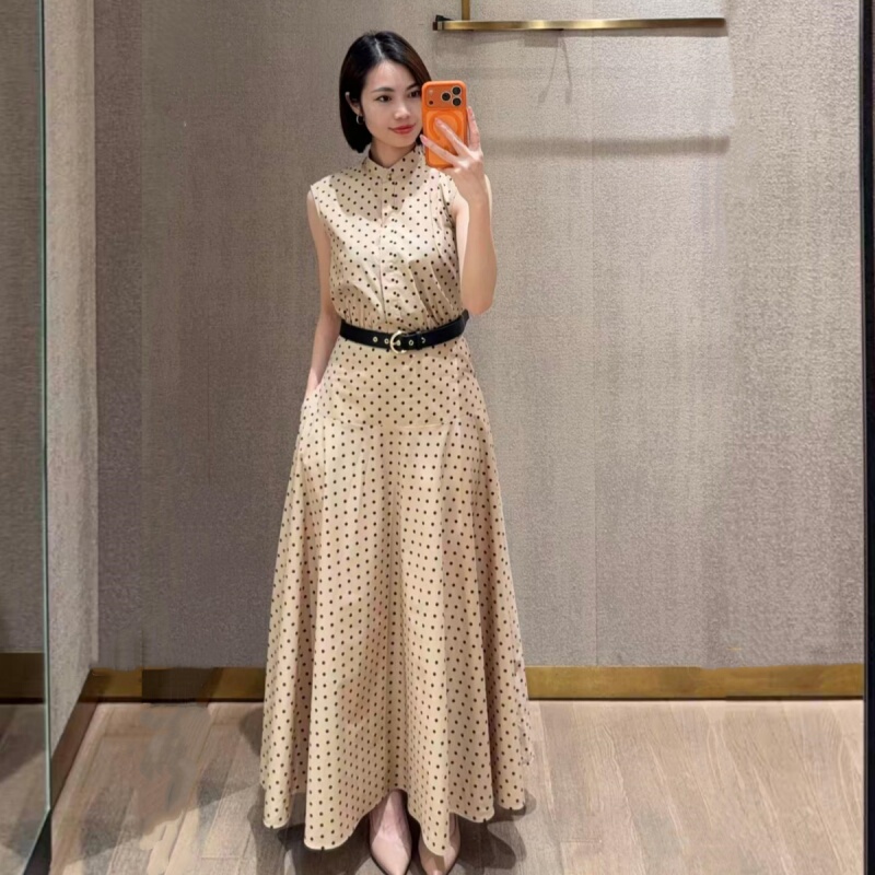 S Maxmeta Spring and Summer Stand-Up Collar Sleeveless French Polka Dot Dress Pure Cotton Printed Women's Long Dress A-Line Flared Skirt