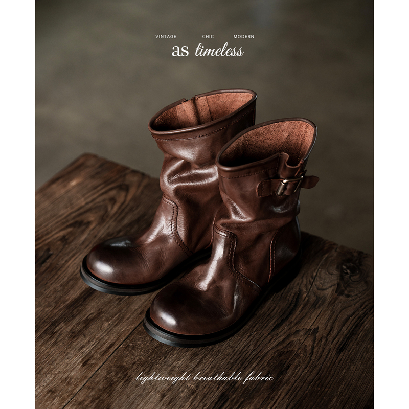 L'Aise丨Vintage Imported Washed Leather Retro Winter Distressed Knight Short Boots for Women L'Aise丨Vintage Imported Washed Leather Retro Winter Distressed Knight Short Boots for Women