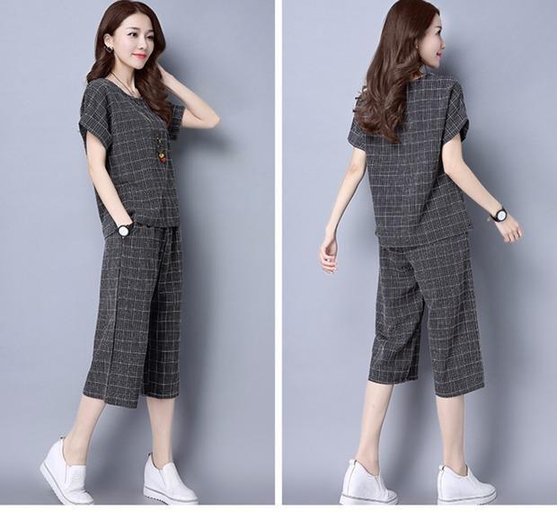 Kích thước lớn tay ngắn nữ béo mm hè 2018 mới giảm béo bf quần ống rộng phù hợp với mùa hè thời trang cotton hai mảnh quần tất