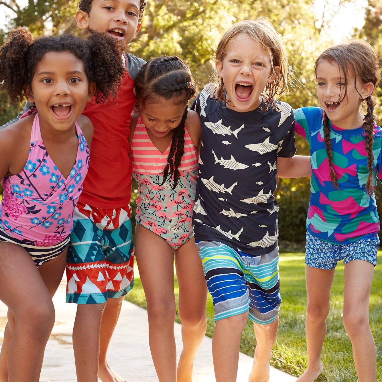 American Tea Collection Girls Double Sunscreen Tay áo ngắn Jumpsuit Đồ bơi 2 tuổi 3 tuổi 4 tuổi quần áo bé trai