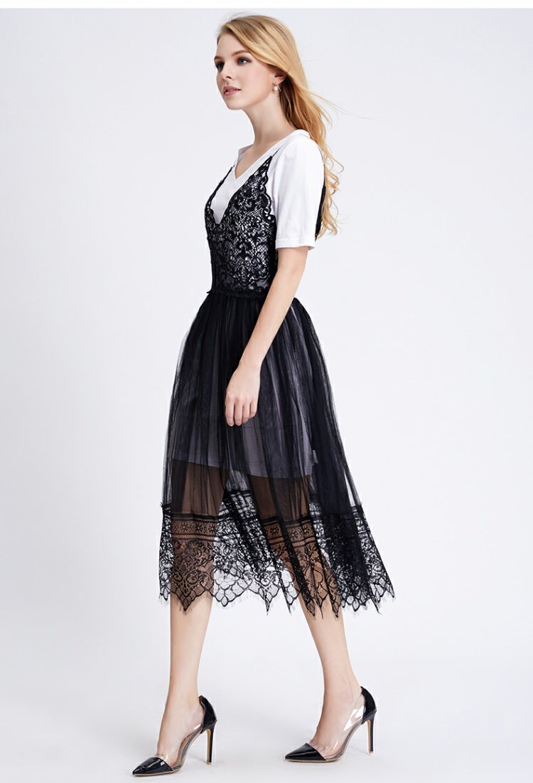 ZIMMUR giải phóng mặt bằng đặc biệt ren organza V-cổ sling váy eo thon thời trang hoang dã 	váy hạ eo xếp ly	