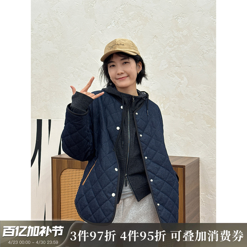 Langqing Navy Blue Quilted Diamond-Patterned Cotton Jacket for Women 2025 New Winter Suede Splicing Round Neck Warm Coat Jacket
