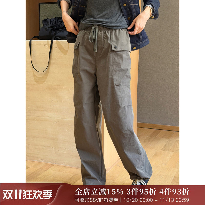 Langqing [Hiking Pants] Army Green Straight-Leg Cargo Pants for Women 2026 New Autumn Elastic Waist Casual Long Pants