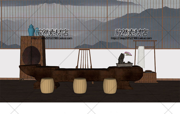 F2-9现代新中式禅意中国风古典实木泡茶桌椅家具茶室摆件su草图大师sketchup模型