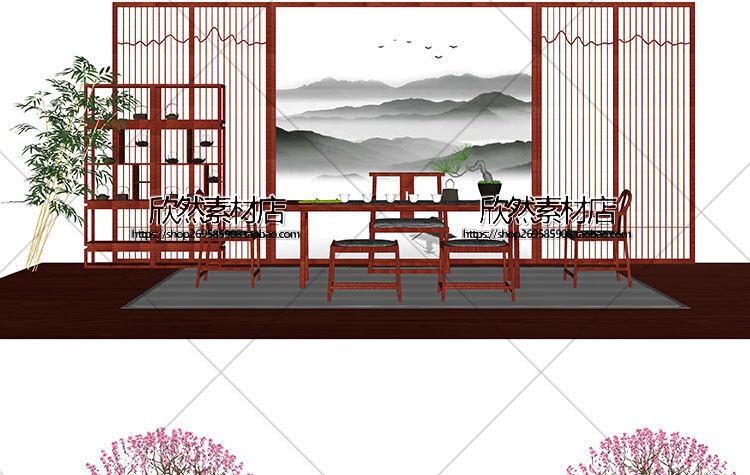 F2-9现代新中式禅意中国风古典实木泡茶桌椅家具茶室摆件su草图大师sketchup模型