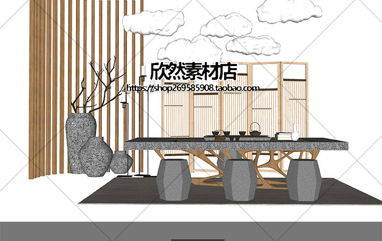 F2-9现代新中式禅意中国风古典实木泡茶桌椅家具茶室摆件su草图大师sketchup模型