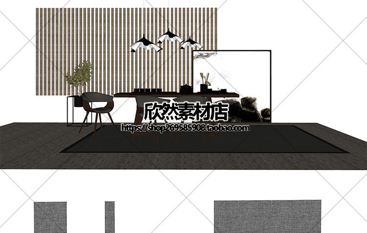 F2-9现代新中式禅意中国风古典实木泡茶桌椅家具茶室摆件su草图大师sketchup模型