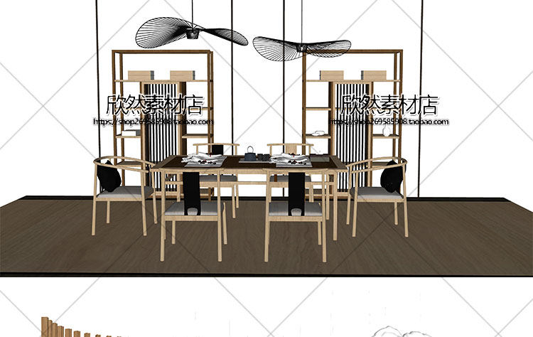 F2-9现代新中式禅意中国风古典实木泡茶桌椅家具茶室摆件su草图大师sketchup模型