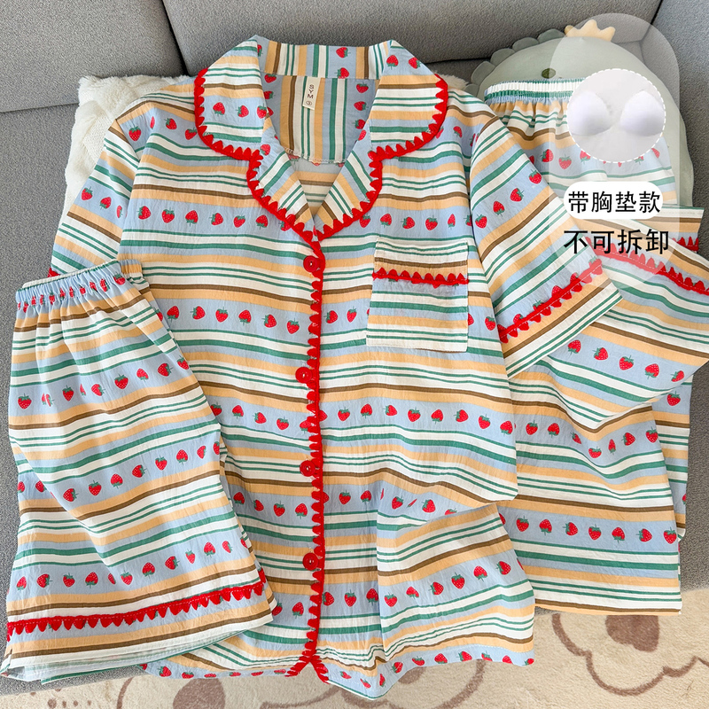 Light Luxury Style High-End Striped Strawberry Three-Piece Pajama Set with Chest Pads for Women, Summer Pure Cotton Gauze Short-Sleeve Loungewear
