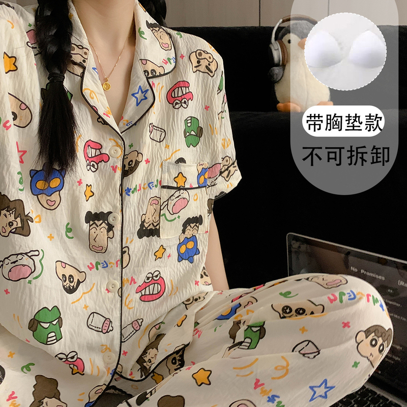 Crayon Shin-Chan Pajamas for Women with Built-In Bra Pads, Summer Short-Sleeved, Spring and Autumn Long Pants, Pure Cotton Gauze Three-Piece Set