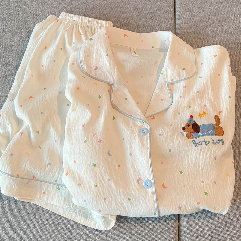 Cute Puppy Short-Sleeved Shorts Pajamas for Women, Summer Pure Cotton Silk Cotton Gauze Student Three-Piece Home Wear Set Cute Puppy Short-Sleeved Shorts Pajamas for Women, Summer Pure Cotton Silk Cotton Gauze Student Three-Piece Home Wear Set